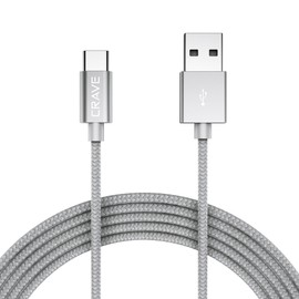 Crave Type C Cable, USB-A to USB-C Cable Premium Nylon Braided Cable, 3 Feet - Silver