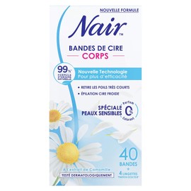 NAIR - Cold Body Wax Strip, Specially Designed for Sensitive Skin, with Chamomile Extract, 99% Natural Origin, 40 Strips + 4 Cleansing Wipes "Gentle Finish"