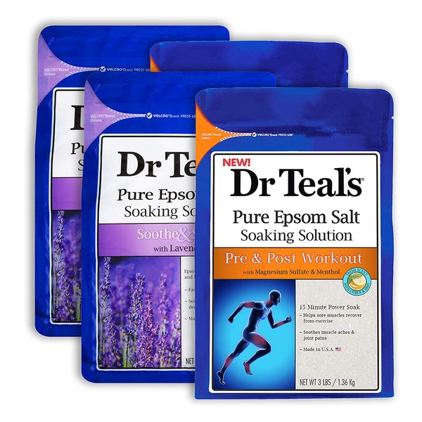 Dr Teal's Epsom Salt Bath Combo 4-Pack (12 lbs Total), Soothe & Sleep with Lavender, and Pre and Post Workout with Magnesium Sulfate and Menthol