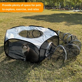 Outdoor Cat Enclosure with Tunnel, Portable Catio Tent Playpen for Indoor and Outside Use, Pop-up Pet Play Pen with Tunnels for Guinea Pigs,Ferrets and Other Small Animals