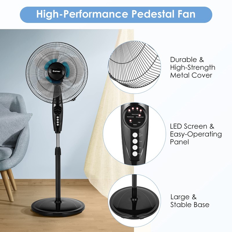 COSTWAY Pedestal Fan, 16-Inch Adjustable Height Fan, 3-Speed Digital Control,