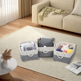 June tech Small Fabric Storage Basket, Waterproof Foldable Storage Baskets, Canvas Storage Boxes for Wardrobe, Bedroom, Office Products (Grey & White, 12.2x8.2x5.1inch)