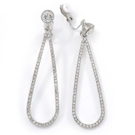 Bridal/Wedding/Prom Clear Crystal Loop Drop Clip On Earrings/Silver Tone/ 70mm L