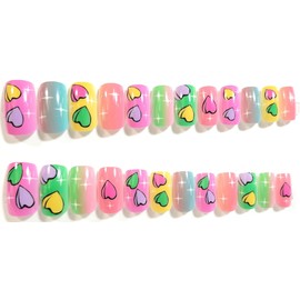 Happy, Shiny Hearts Glossy Medium Square Press On Nails - 24 Pieces - Artificial Nail Kit