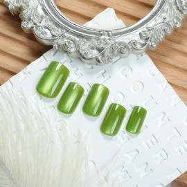 24 Pcs Cat's Eye Press On Nails Short Square YEFIUO Green Glitter Fake Nails Press ons Nail Art Tip Acrylic Nail Kit Glue on Nails Full Cover False Nails Stick on Nails with Bling Design for Ma'am