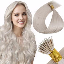 Hetto Nano Hair Extensions Real Human Hair Blonde Nano Ring Extensions Human Hair #60 Platinum Blonde Nano Hair Extension Real Human Hair Nano Tip Hair Extensions Straight Silky 18inch 50s 50g