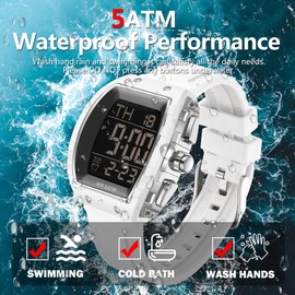findtime Men's Digital Watch Tonneau Sports Wristwatch Waterproof Fashion Big Number LED Alarm Men Watch Calendar Dual Time Casual Silicone Strap