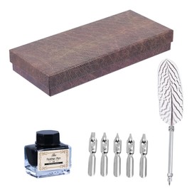OHPHCALL Pen Dip Kit Natural Quills and Metal Handle Includes 1 Pen 1 Ink Bottle 5 Replaceable Nibs for Calligraphy Writing Practice Students and Boys and Girls