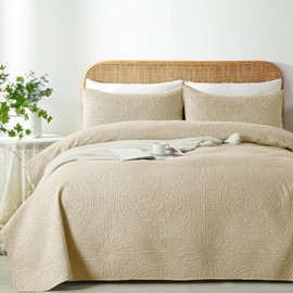 WURUIBO Full/Queen Quilt Set Beige,Ultrasonic Embossed Bedspread, Lightweight Microfiber Coverlet, Modern Thin Bedding Set for All Season, 3 Piece(1 Quilt,2 Pillow Shams)