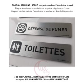 AUA SIGNALETIQUE - Plaque Aluminium brossé imprimé AluSign DARK - 200x50 mm - Double Face adhésif au dos (Interdiction de fumer)