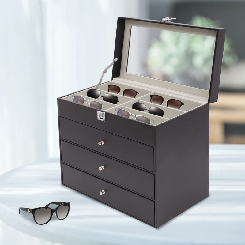 MUSESPANI 4-Layer 24-Slot PU Leather Eyeglass Organizerm, Lockable Sunglass Storage