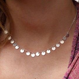 Inilbran Boho Sequin Choker Necklace Vintage Disc Pendant Necklace Silver Sequins Coin Necklace Adjustable Coin Chain Necklace Jewellery for Women and Girls, Zinc