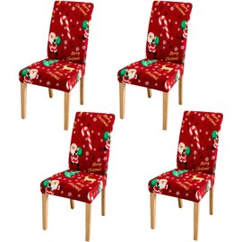 4 Pcs Chair Cover Xmas Dining Chair Covers Set Christmas Stretch Printing Dining Chair Covers Removable Washable Dining Room Chair Covers for Dining Room Hotel Ceremony Christmas Decoration