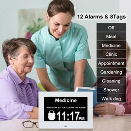 Johnziny Digital Day Clock 7 Inch,Calendar Clock,Dementia Clocks for Seniors, Clock with Day and Date for Elderly,12 Alarms Option,Auto Dimmable,Large Number Digital Clock with Large Display,(White)