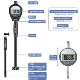 HDLNKAK Digital Dial Indicator Bore Gauge Set,LCD Digital Dial Indicator,6" Depth 0.7"-6"/0.0005" Measuring Range,Wide Selection of Anvils(23PCS), Applications in Engines Cylinder Measurement (Black)