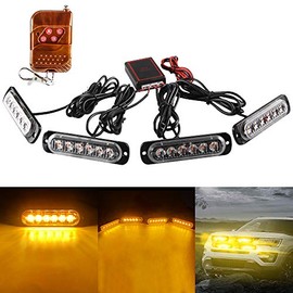 Sidaqi LED Emergency Strobe Lights With Remote Control,Amber 4IN1 24LED Grille Warning Flashing Construction Ploice Light Waterproof 12V