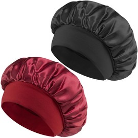 IKOPFLN 2 Pieces Bonnet Sleep Cap, Satin Bonnet Night Sleep Cap, Curls, Breathable Sleeping Cap, Double Layer Night Cap, Adjustable Sleeping Cap, for Women and Girls (Black + Red), a