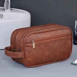 Toiletry Bag Leather - Make-up Bag - Unisex Female Male - Travel Dopp Kit [Brown/Burgandy Colour]
