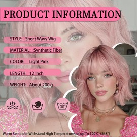 Lisook Pink Wigs for Women Short Bob Wig with Bangs 12 Inches Light Pink Wig Pastel Short Wavy Wig Curly Synthetic Wigs Cosplay Hair Replacement Wigs for Girl Daily Party Colorful Wigs Costume Use
