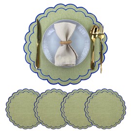 Lyssiatina Linen Cotton Placemats Set of 4 Scalloped Flower Embroidery Place Mats 15'' Natural Linen Texture Fabric Machine Washable Table Mats for Restaurant Kitchen,Table Decor(Matcha Green)