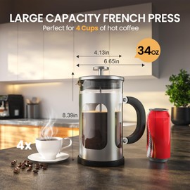 BAYKA 34 Ounce 1 Liter French Press Coffee Maker, Heat Resistant Thickened Borosilicate Glass Stainless Steel Coffee Press, Cold Brew Coffee Pot Tea Press for Kitchen Travel Camping, Silver