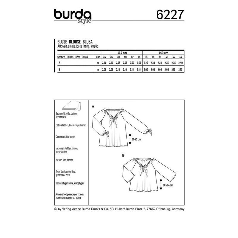 Burda Style Sewing Pattern B6227 Misses’ Blouse with Drawstring Neckline