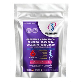 Grenetina Hidrolizada de Cerdo Fórmula Alemana 100% Pura - Colágeno Hidrolizado en polvo 420 gramos - 95% de biodisponibilidad - Salud Articular, Hues