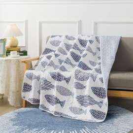 SLPR Sea of Dreams 50" x 60" Quilted Throw Blanket, Blue and White Ocean-Inspired Throw Quilts for Couch and Bed, Nautical Fish Design, Lake Themed Coastal Lap Quilt for Beach House