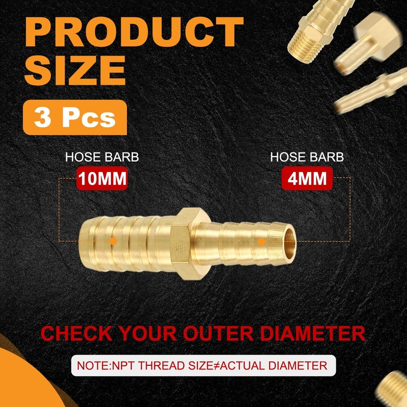 sourcing map 3pcs 10mm to 4mm Brass Hose Barb Fitting