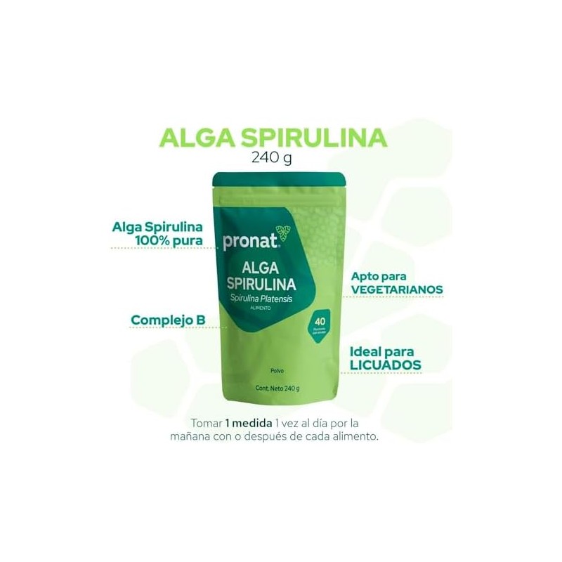 PRONAT Alga Spirulina 100 Pura en Polvo, Suplemento Alimenticio, Bolsa