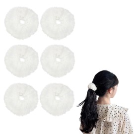 ZHEJIA Scrunchy Hair Rubber Hair Elastic Set of 6 Hair Ornaments, Pom Poms, Hair Accessories, Cute, Stylish, Mokomoko, Soft, Comfortable, Anti-Static, Gentle on Hair, Adults, Children, Women's, White