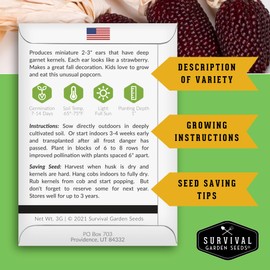 1 Pack Strawberry Popcorn Seeds for Planting with Instructions to Grow Garnet Kernel Ornamental Popcorn in Your Home Vegetable Garden - Non-GMO Heirloom - Survival Garden Seeds