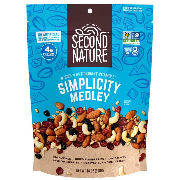 Second Nature Simplicity Medley Trail Mix - 14 oz Resealable Snack Pouches (Pack of 6), Certified Gluten-Free Snack - Dried Fruit and Nut Trail Mix, Ideal for Travel Snacks