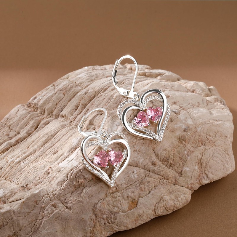 925 Sterling Silver Heart Earrings for Women Pink Silver Dangle