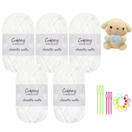 Coopay Chenille Wolle zum Häkeln, 5x100g Samtig Chenillegarn, Flauschige Weich Chenille Garn, Chenille Wolle mit Häkelzubehör, Weicher Plüschwolle Häkelgarn für Decken, Schals - Weiß