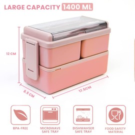 Bugucat Bento Lunch Box 1400ML Stackable Lunch Box Bento Boxes,2 Layer 3 Compartments Leak Proof Lunchbox,Lunch Box with Compartments for Adults Kids,Container Meal Prep Containe with Cutlery,Pink