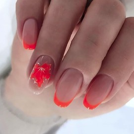 Fall Press on Nails Short Square MABKJLF French Tip Fake Nails Pink Full Cover Orange Maple Leaf False Nails with Designs Glossy Glue on Nails Manicure Artificial Nails for Women Girls 24Pcs