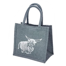 Small Jute Grey Lunch Gift Bag with Highland Cow Print - 24 cm high x 26 cm Wide x 17 cm Depth…