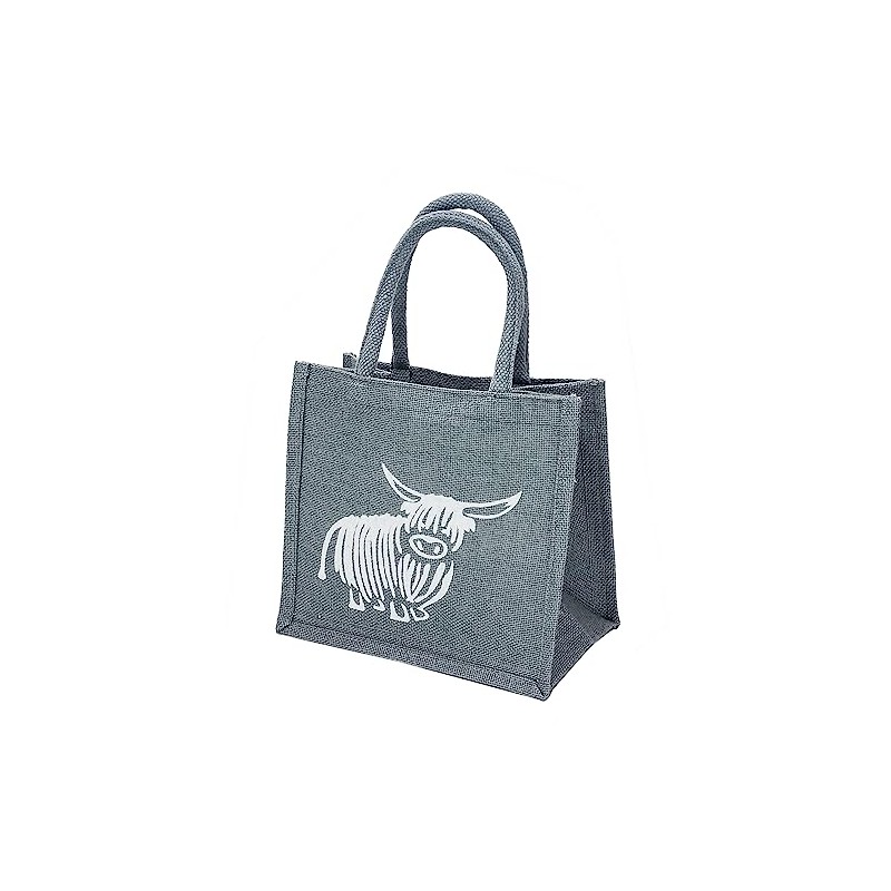 Small Jute Grey Lunch Gift Bag with Highland Cow Print