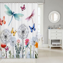 Feelyou Dragonfly Shower Curtain Dandelion Fabric Shower Curtain for Kids Pretty Butterfly Bathroom Waterproof Accessories with 12 Hooks Women Men Teens Ultra Soft Decor Colorful Curtains