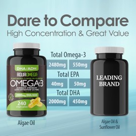 AquaOmega Ultimate Strength Plant Based Omega 3 Supplement 2480mg, Vegan Omega 3 Fatty Acid Supplements, 2000mg High DHA & EPA from Algae Oil, Vegetarian Omega3 Supplement, 240 Softgels,