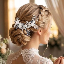 Unicra Flower Silver Bride Wedding Hair Pelo de vid Perla de novia, accesorios para el cabello con diamantes de imitación azules, diadema de hojas para mujeres y niñas (plata), 1 Count (Pack of 1),