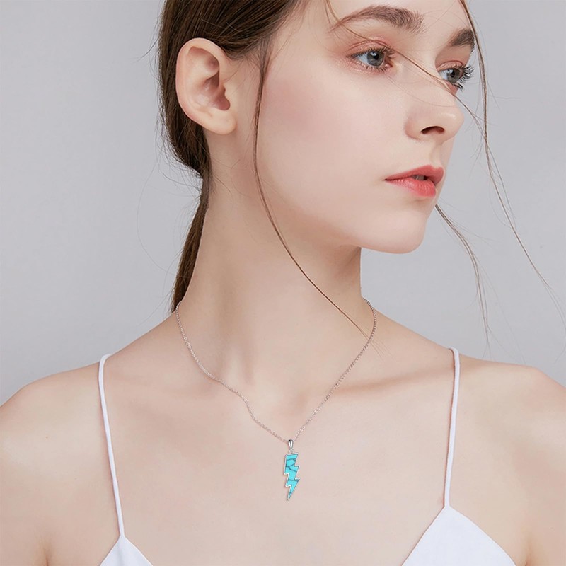 Lightning Bolt Necklace 925 Sterling Silver Turquoise Thunder Pendant Minimalist