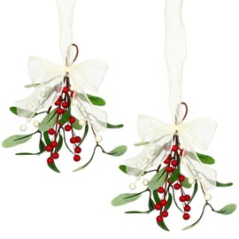 Artificial Mistletoe Pick Mistletoe Christmas Decoration with Berries and White Ribbon Bow Faux Mistletoe Hanging Mistletoe Kissing Ball for Christmas Tree Ornament Party Decor (Red White,2 Pieces)