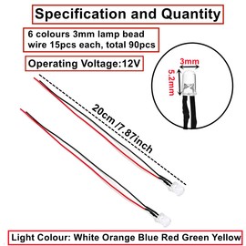 HUAZIZ 90 Pieces 12 V Pre-Wired Transparent LED Light Emitting Diodes Assortment Kit 12 Volt 3 mm Round Head LED Diode Light Emitting Diode Set 6 Colours White/Red/Yellow/Green/Blue/Orange (15 Pieces