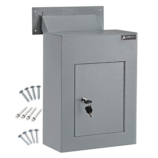 AdirOffice Through The Wall Drop Box Safe - Durable Thick Steel w/Adjustable Chute - Mail Vault for Home Office Hotel Apartment Grey