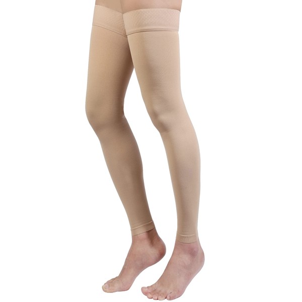 Thigh High Compression Stocking Footless - Pair, Thigh-Hi Leg Compression Sleeves Unisex, 20-30mmHg Gradient Compression with Silicone Band, Opaque, Best for Varicose Veins, Edema, Swelling, Beige M