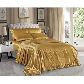 Hight Thread Count Solid Color Soft Silky Charmeuse Satin Luxury and Super Soft Bed Sheet Set (Gold, Full)
