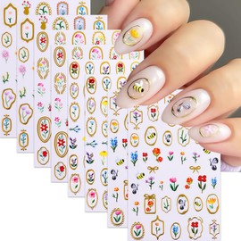 Flower Nail Stickers for Nail Art Self-Adhesive Gold Nail Art Stickers Cute Tulip Irregular Frame Bow Hollow Designs Flower Bee Butterfly Nail Decals Bronzing Nail Sticker Manicure Supplies for Women