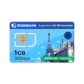 EIOTCLUB Travel SIM Card, 1GB Data for 30 Days, 38 European Countries, No Phone Number, No SMS, No Contract